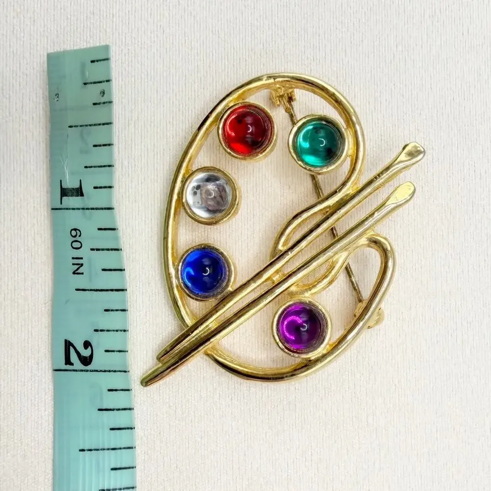 Vintage MJENT VTG Jeweled Gold Tone Artist's Paint Brush Palette Pin Brooch